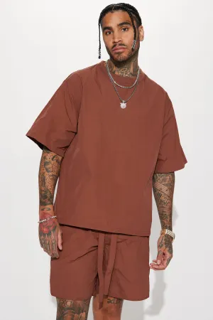 Batter Up Crinkle Nylon Pullover Tee - Brown