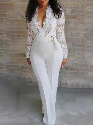 Casual Wide White Lace Panel Deep V Neck Jumpsuit