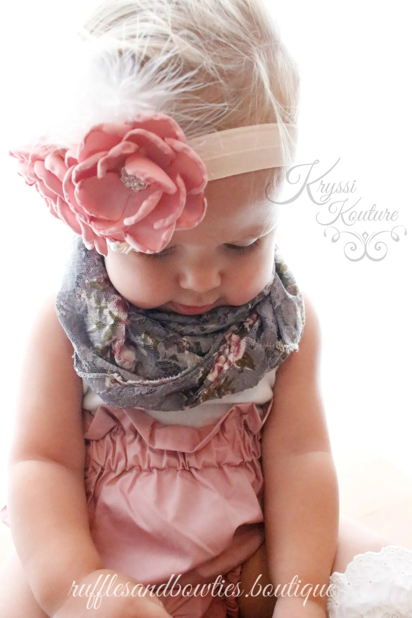 Dusty Rose Flower with Feather & Lace Headband - Vintage Headband - Baby Vintage Headband - Vintage Flowers - Flower Girl Headband