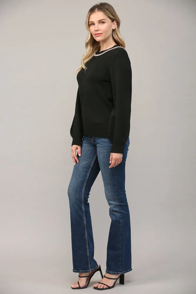 Fate Chain Trimmed Open Back Sweater In Black