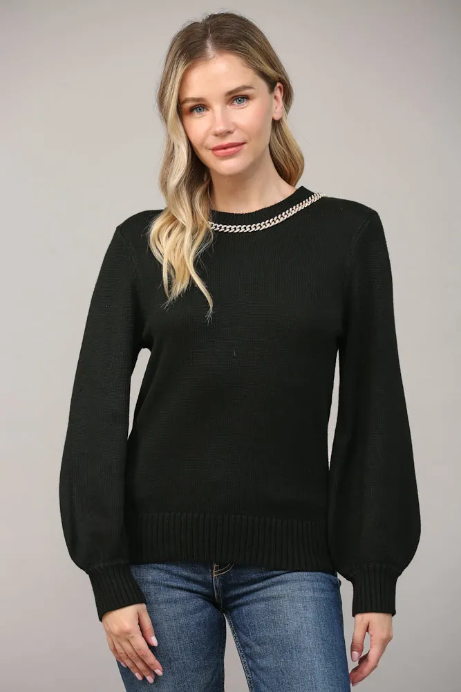 Fate Chain Trimmed Open Back Sweater In Black