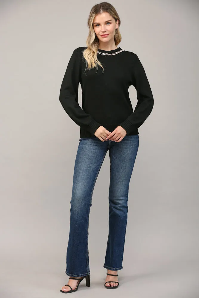 Fate Chain Trimmed Open Back Sweater In Black