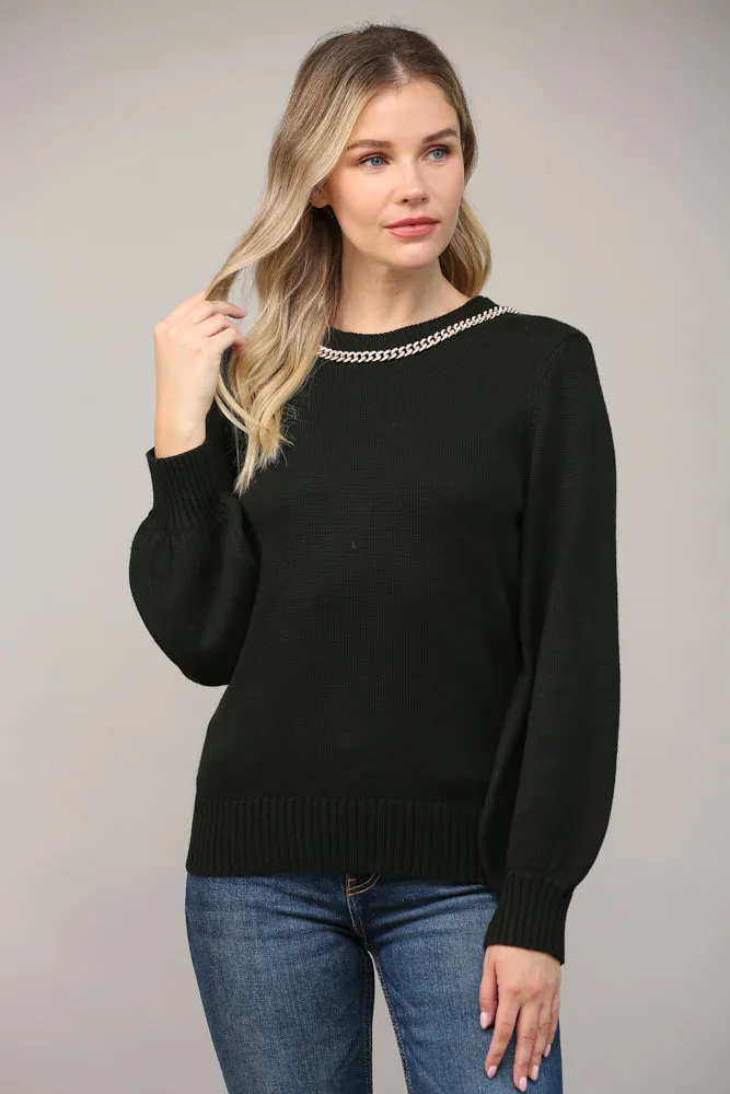 Fate Chain Trimmed Open Back Sweater In Black