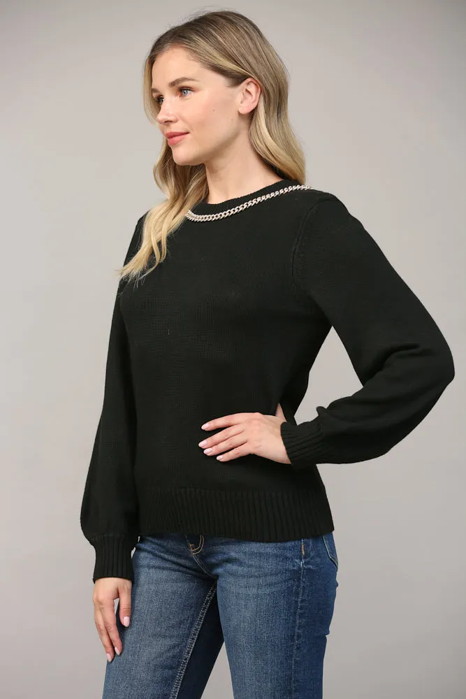 Fate Chain Trimmed Open Back Sweater In Black