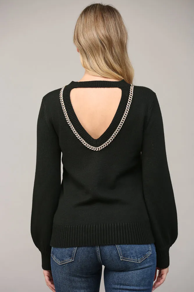Fate Chain Trimmed Open Back Sweater In Black