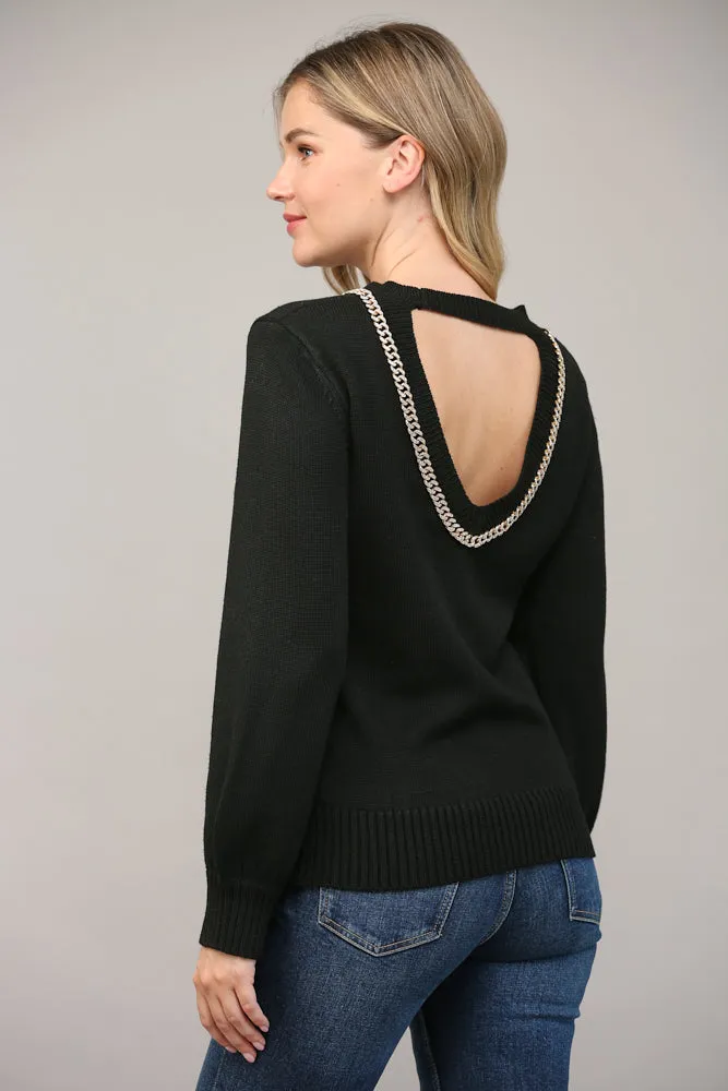Fate Chain Trimmed Open Back Sweater In Black