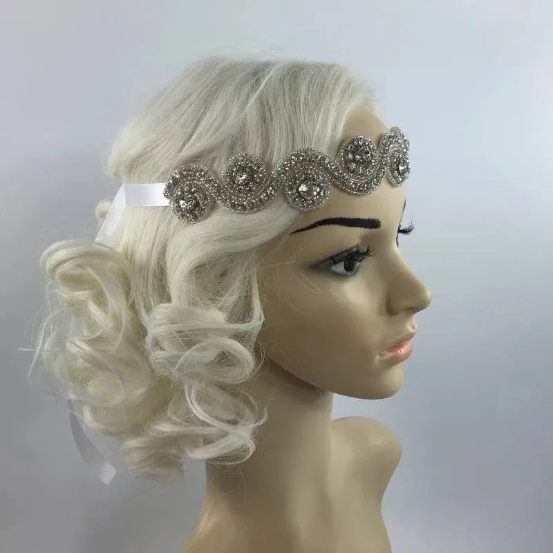 Gatsby Flapper Headband 20's rhinestone pearls art deco headband 1920's Headpiece fascinator, Bridal Headband, Crystal Ribbon Headband