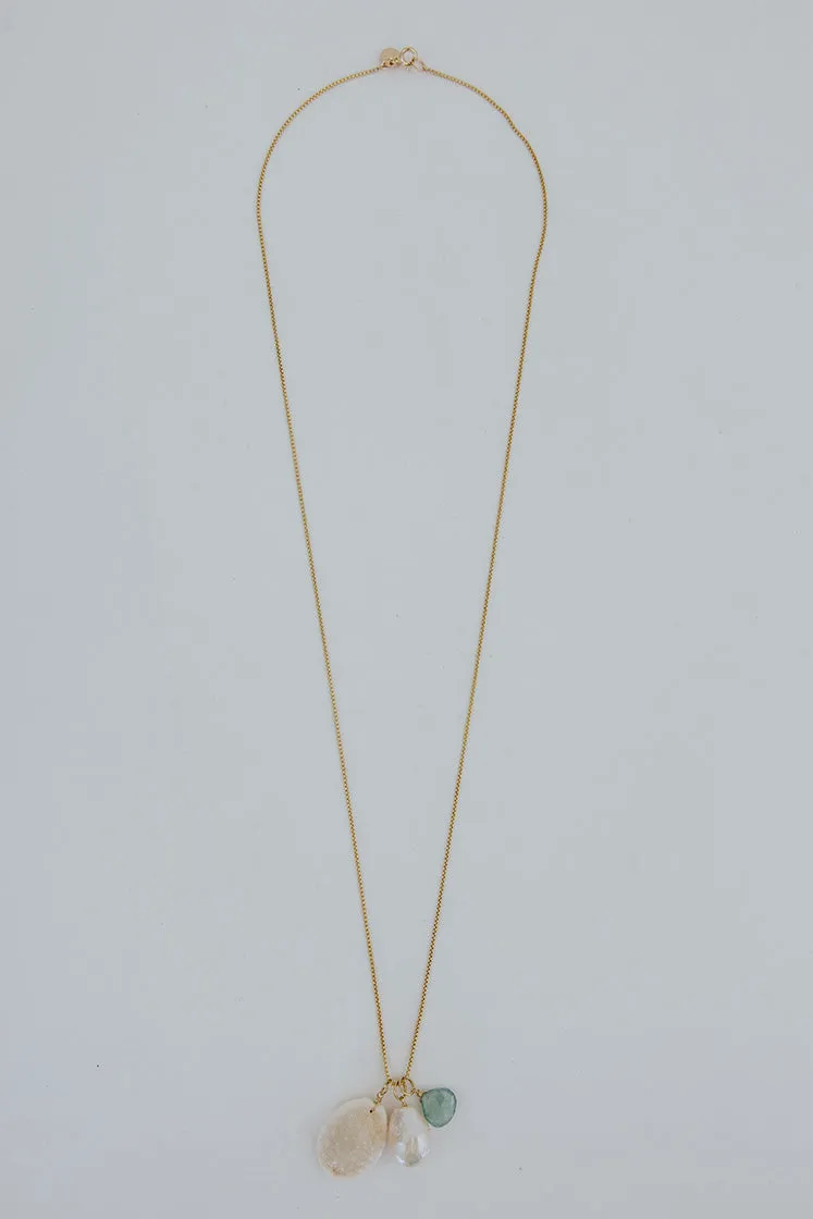 Granulated Cowrie Shell Pile Necklace - Grandidierite   Freshwater Pearl