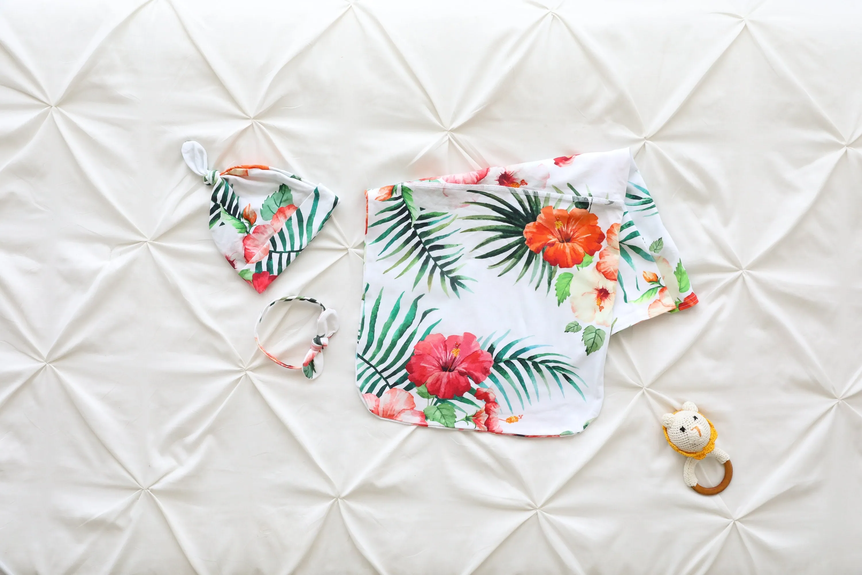 Hibiscus Palms Baby Swaddle Blanket, Bow Headband & Personalized Hat  Soothing Wrap for Peaceful Sleep