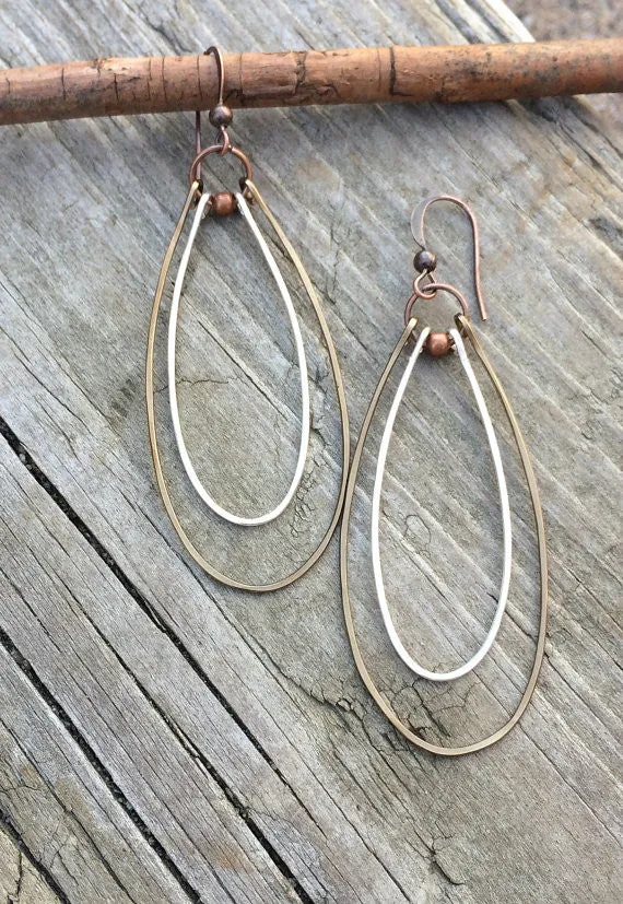 Mixed Metal Silver and Copper Hammered Long Hoop Earrings