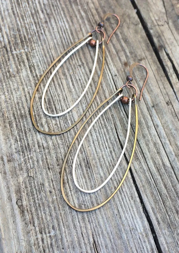Mixed Metal Silver and Copper Hammered Long Hoop Earrings