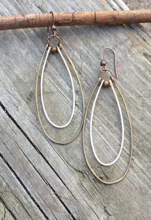 Mixed Metal Silver and Copper Hammered Long Hoop Earrings