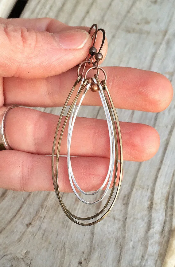 Mixed Metal Silver and Copper Hammered Long Hoop Earrings