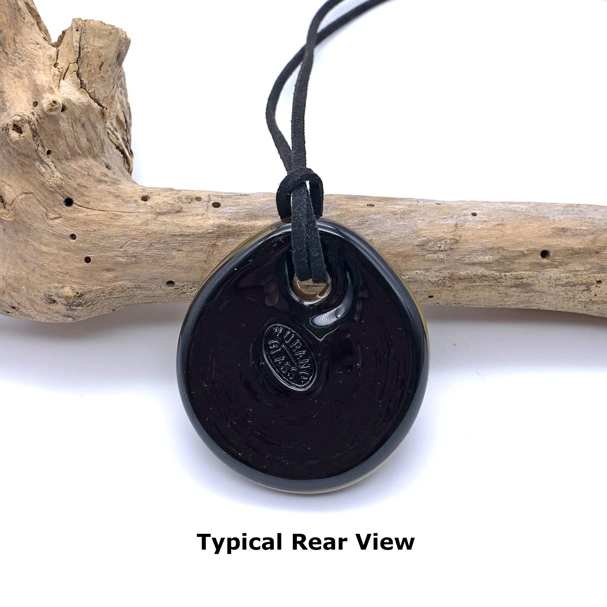 Necklace with shades of blue and ruby on black Murano glass circular large flat pendant