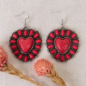 Squash Blossom Red Heart Stone Dangle Earrings