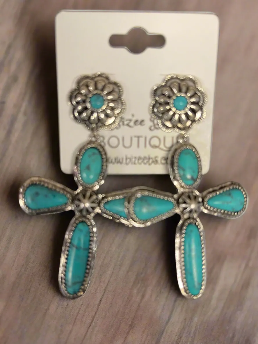 Stone Cross Earrings with Silver Outline