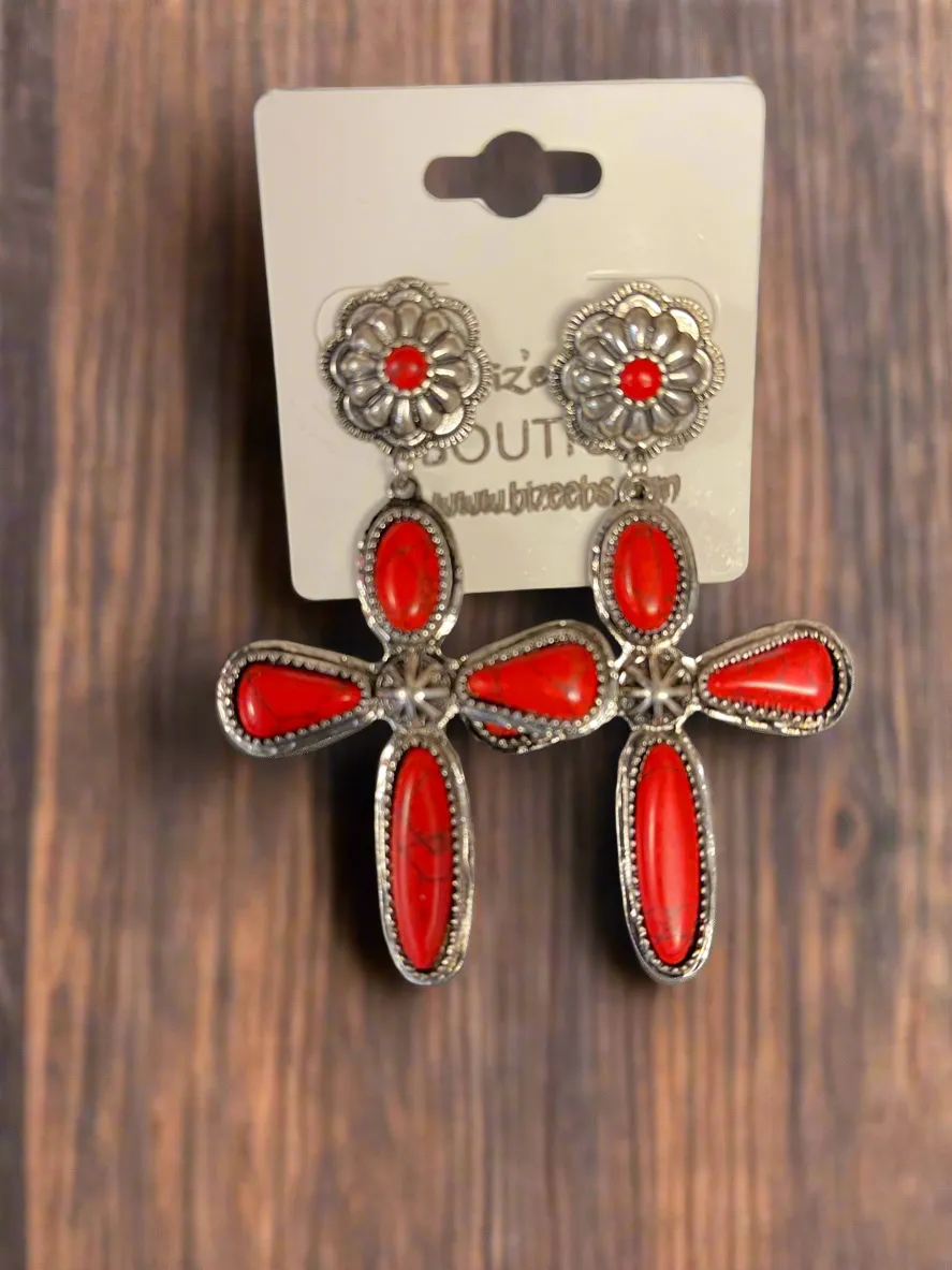 Stone Cross Earrings with Silver Outline