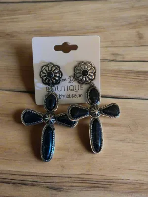 Stone Cross Earrings with Silver Outline
