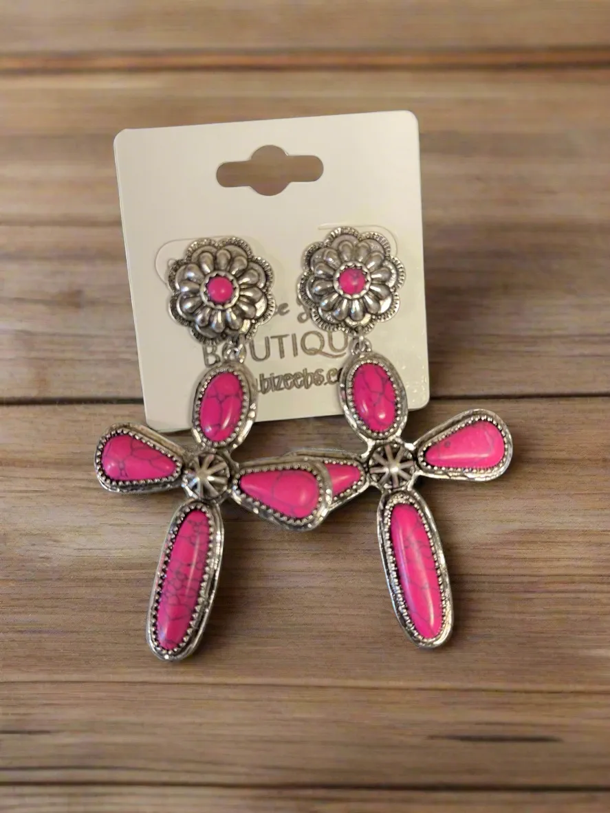 Stone Cross Earrings with Silver Outline